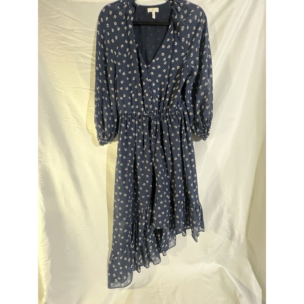 Joie Dress Woman's Navy XS Silk Long Sleeve V-Neck Floral Asymmetrical Alithea